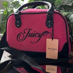 NWT Juicy Couture Plush Pink and Black Travel Bag with Shoulder Sling